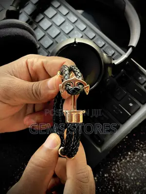 High-Grade Braided Leather Anchor Bracelet - Black Gold Finish