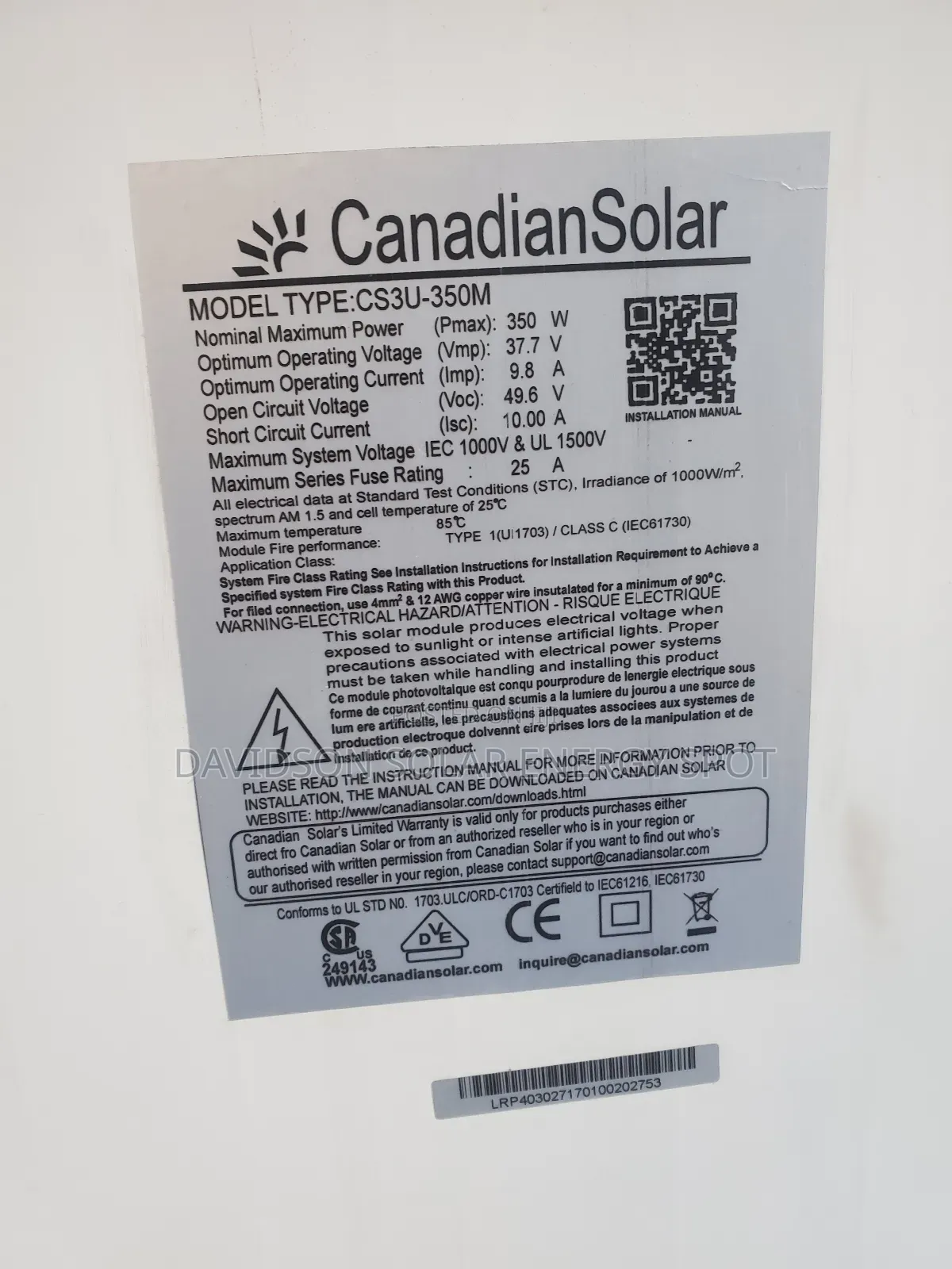 350watt Canadian Solar Panel