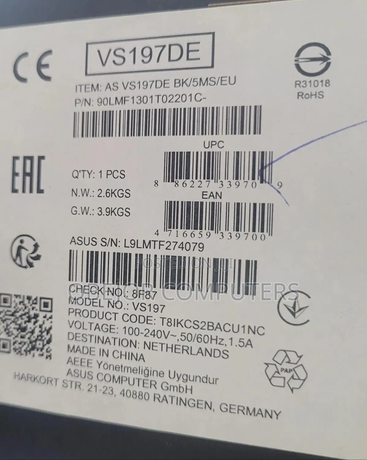 Asus Vs197 LCD Monitor 18.4 Inches