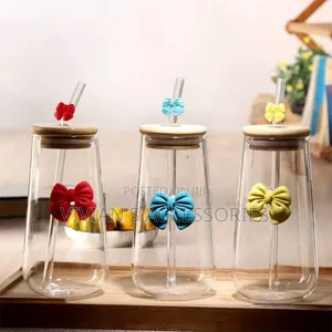 Fresh and Cute Glass Bow Straw Smoothie Bamboo Lid Cup