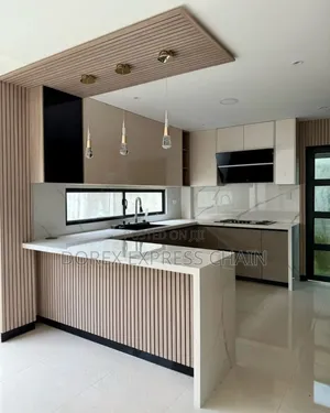 Modern Luxury L-shaped Kitchen Cabinet With Quartz Top & Fluted Design