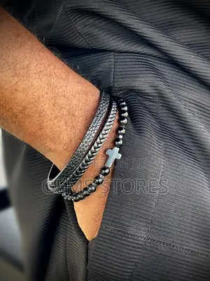 Bold Black Multi-Layered Bracelet - Leather, Beaded Cross Design