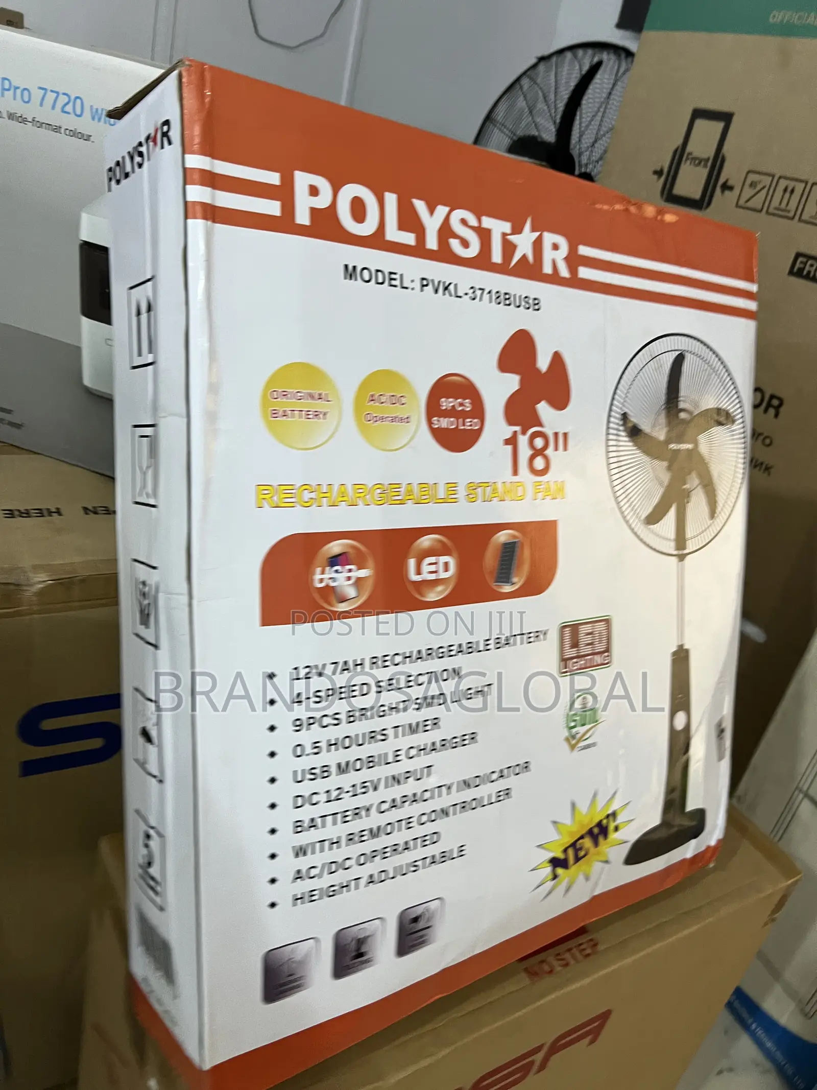 Polystar PVKL-1878busb Rechargeable Stand Fan | Wide Air Coverage