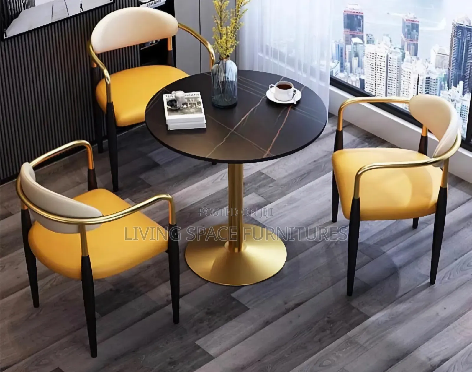 Executive Restaurant/Dining Marble Table With 3 Leather Chairs