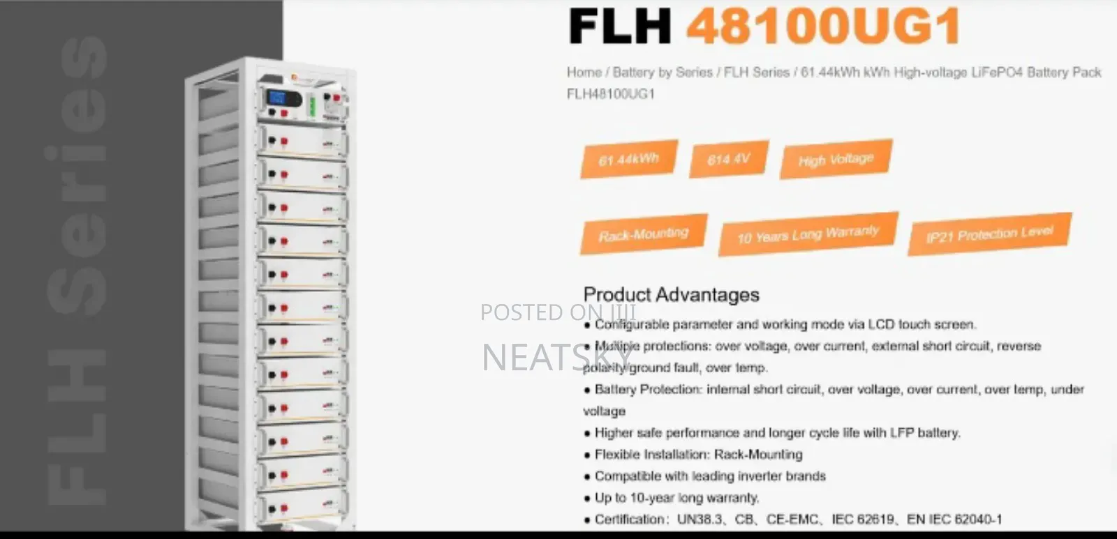 FLH 61.4kwh 614.4v Stackable High Volt Lithium Battery (Flh48100ug1)