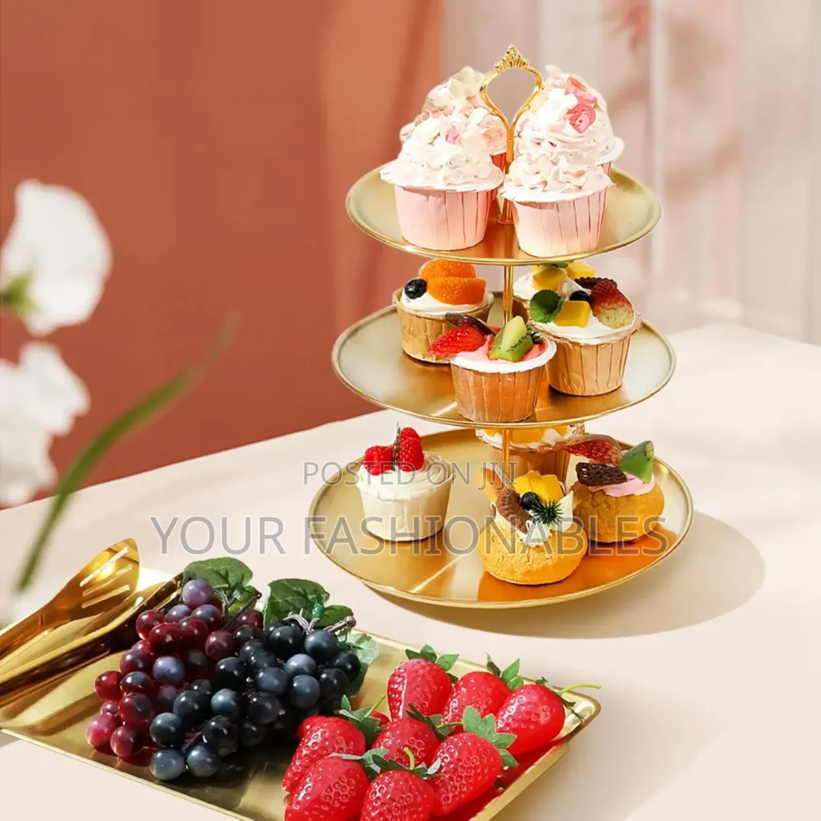 Gold 3 Tier Cake/Dessert/Fruit Stand With Tray Set