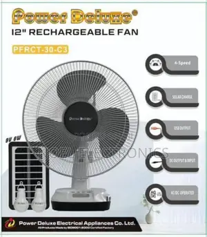 Power Deluxe 12" Rechargeable Fan With Solar Panel