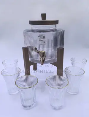 7.5-Liter Juice Dispenser Decanter With 6 Pieces Cups and Wooden Stand