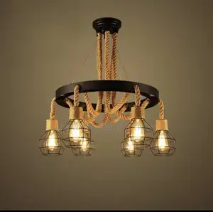 Loft Iron Cage Hemp Rope Vintage Chandelier