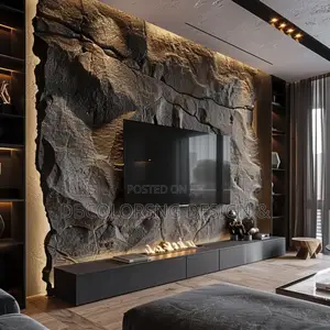 Luxury Media Wall Accent Finish- Pu Stone, Fluted Panel HDF Lagos