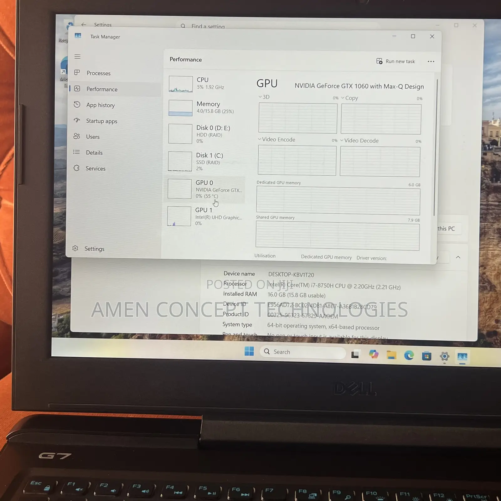 Laptop Dell G7 15 7590 16GB Intel Core i7 SSD 512GB