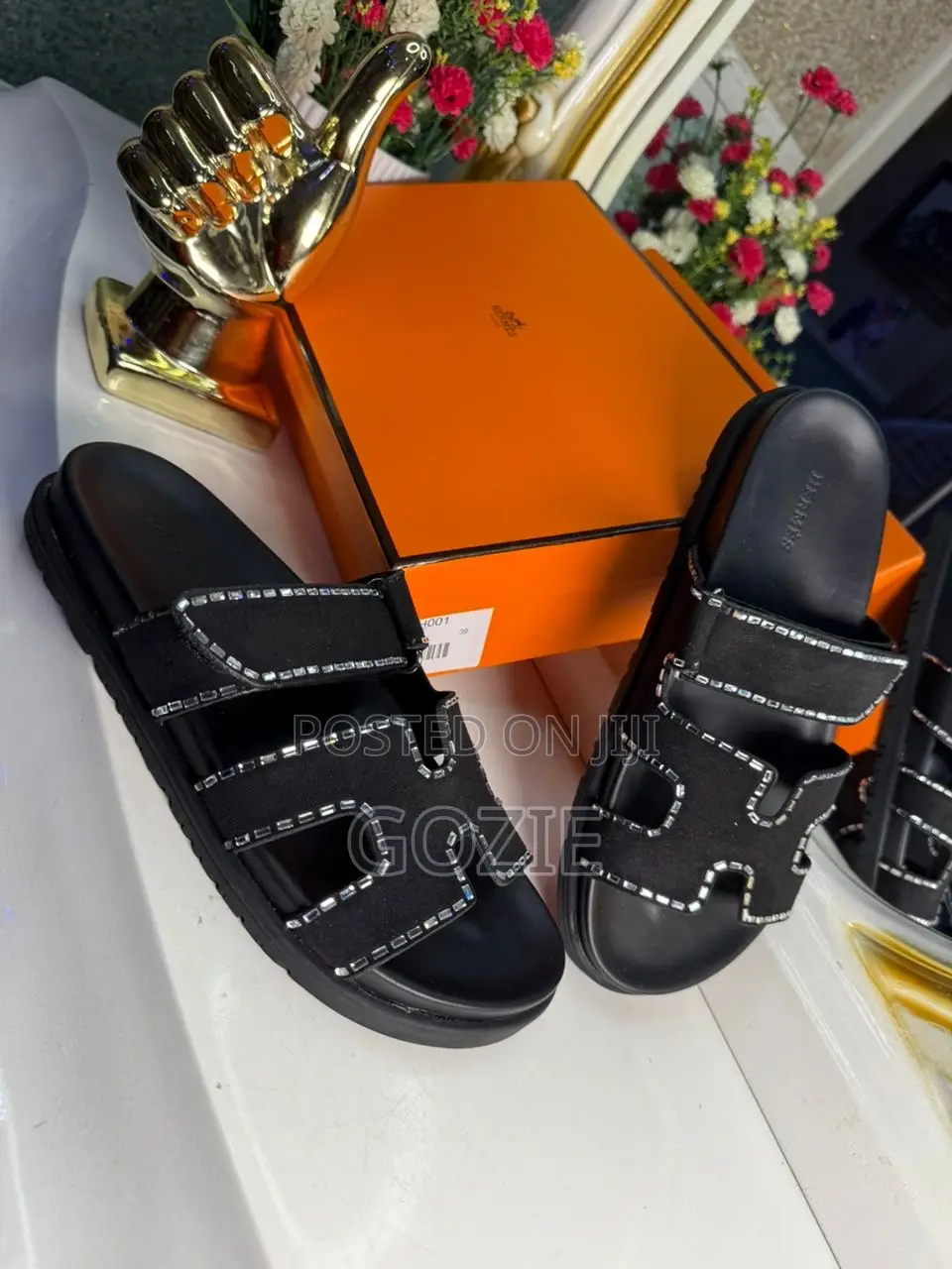 Luxury Hermes Black Leather Slides