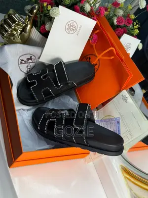 Luxury Hermes Black Leather Slides