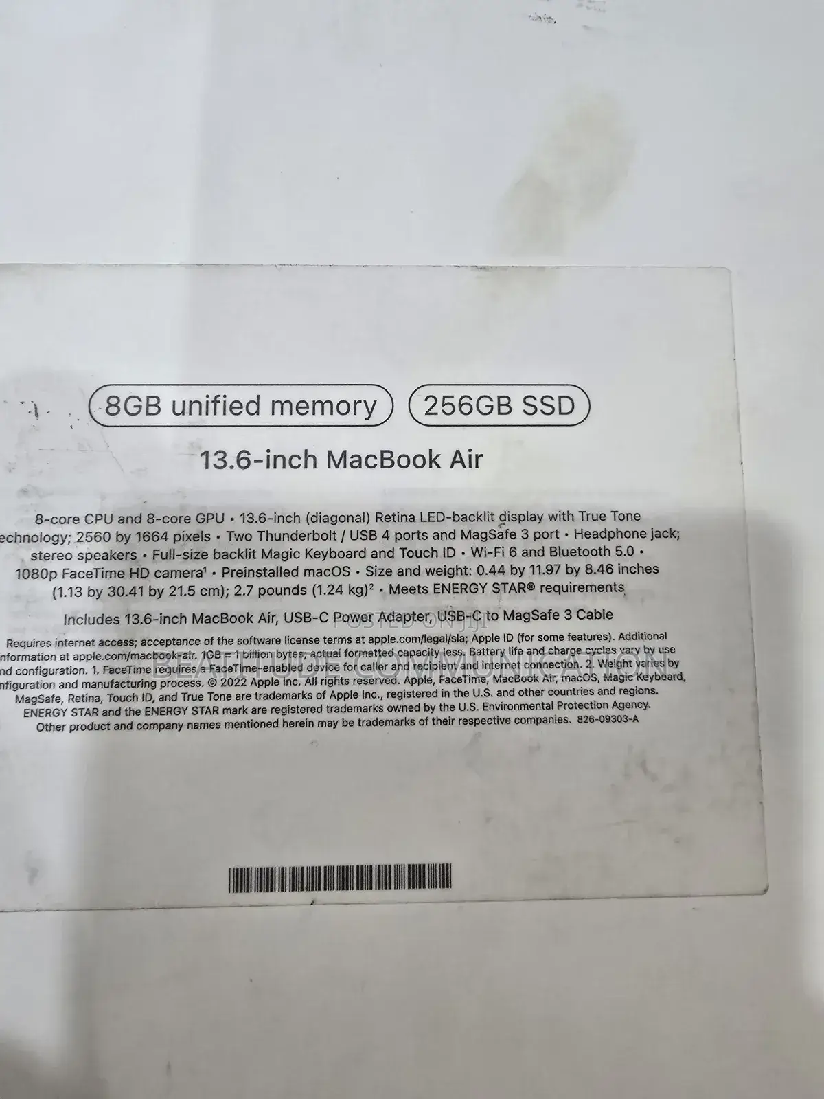 Laptop Apple MacBook Air 2022 M2 8GB Intel Core M2 SSD 256GB
