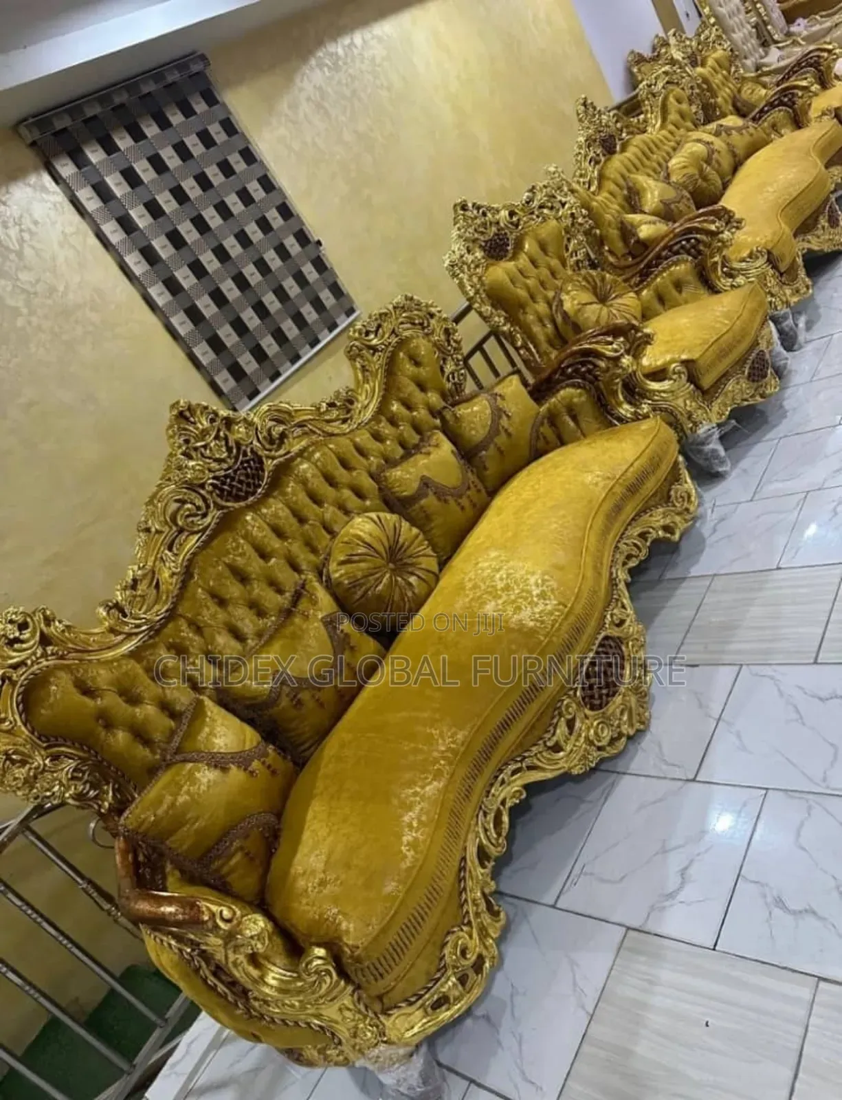 Royal Fabric Sofa Chairs With Center Table and Two Side Stools