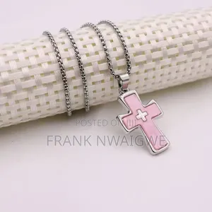 Casual Unisex Inside Cross Pendant Steel Necklece Pink Chain