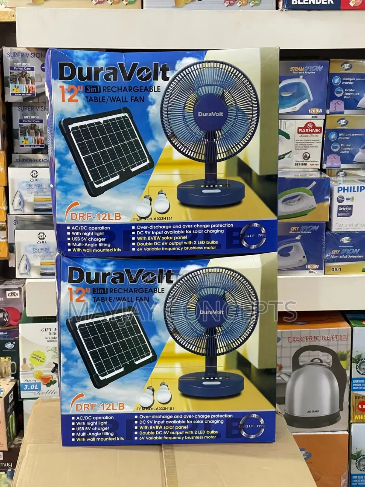 12" Duravolt 3in1 Table/Wall Solar Rechargeable Fan+Panel