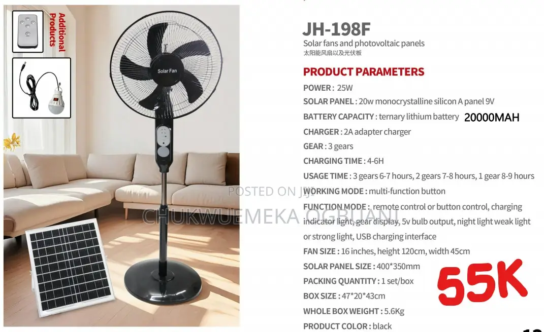 16 Inches Rechargeable Solar Fan (8-9hrs) + 20w Solar Panel