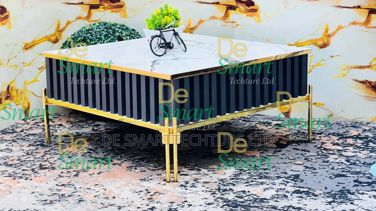 Luxury Square Coffee Table – White Marble Board With Gold Trim