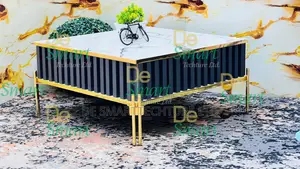 Luxury Square Coffee Table – White Marble Board With Gold Trim