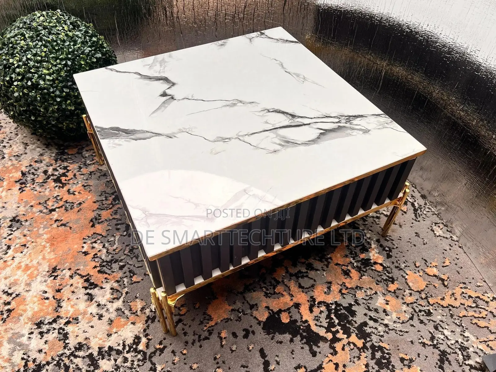 Luxury Square Coffee Table – White Marble Board With Gold Trim