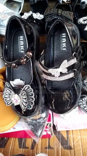 Girls Black Flat Shoe With Pink Designs
