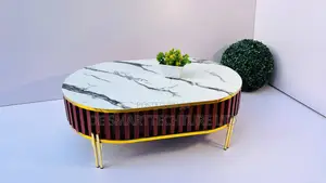 Oval Marble Board Coffee Table – Gold Trim Designer Slat Finish