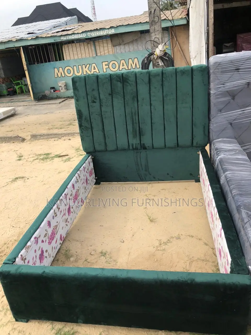 Green Stripes Design Padded Bed Frame
