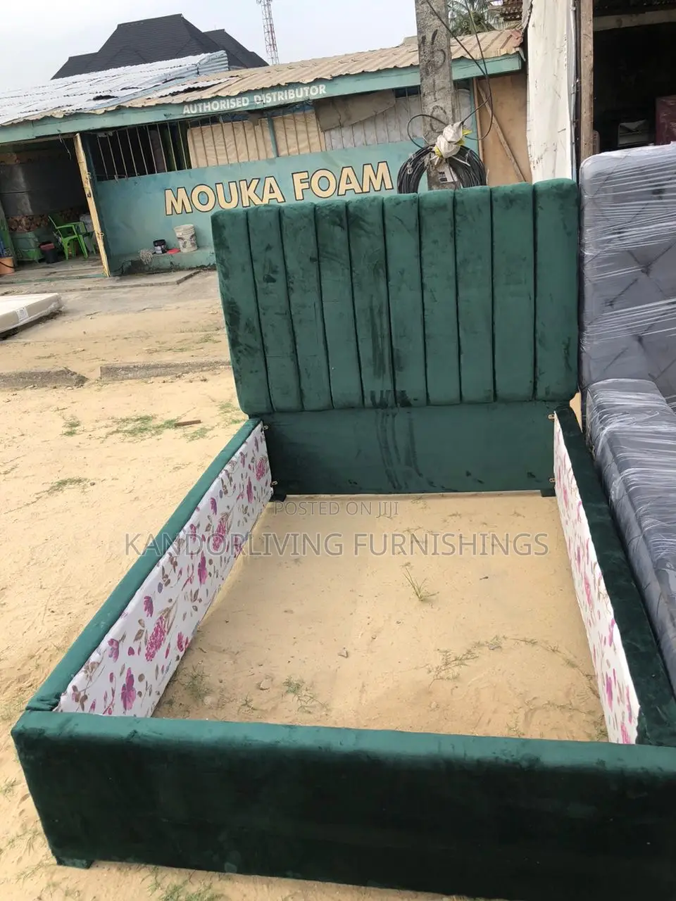 Green Stripes Design Padded Bed Frame