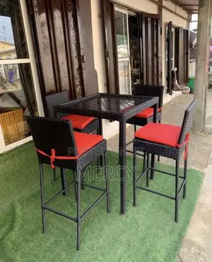 High Rattan Bar Chairs and Table Set