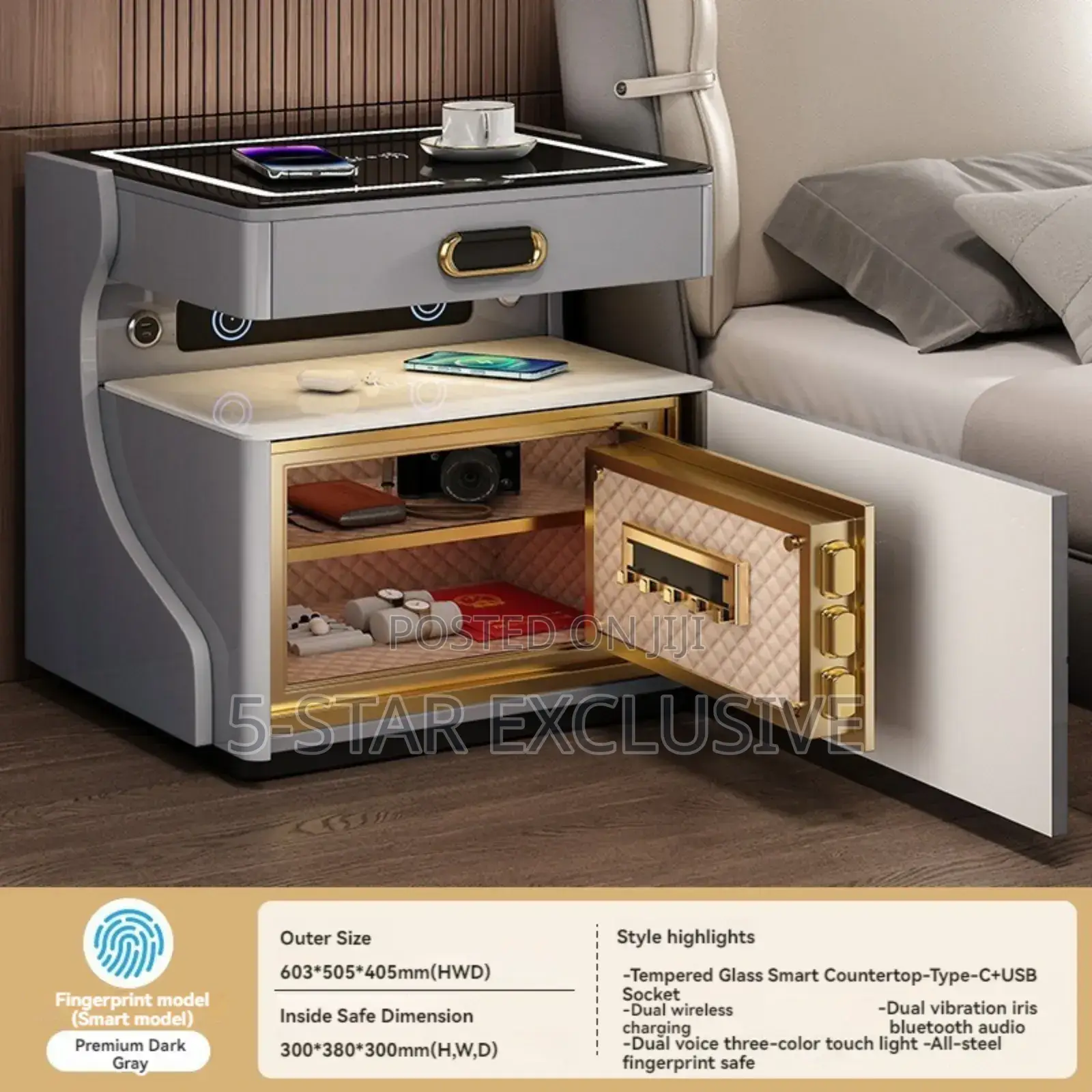 Nightstand Bedside Safe (Dual Wireless Charging).