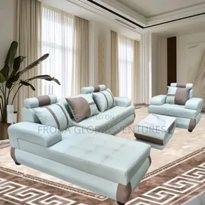 Set of L-Shape Sofa and Single Chair With Table. Gray Leather. Ben02