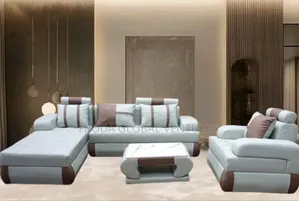 Leather Couch of L-Shape Sofa and Single Chair With Table. Ebn7
