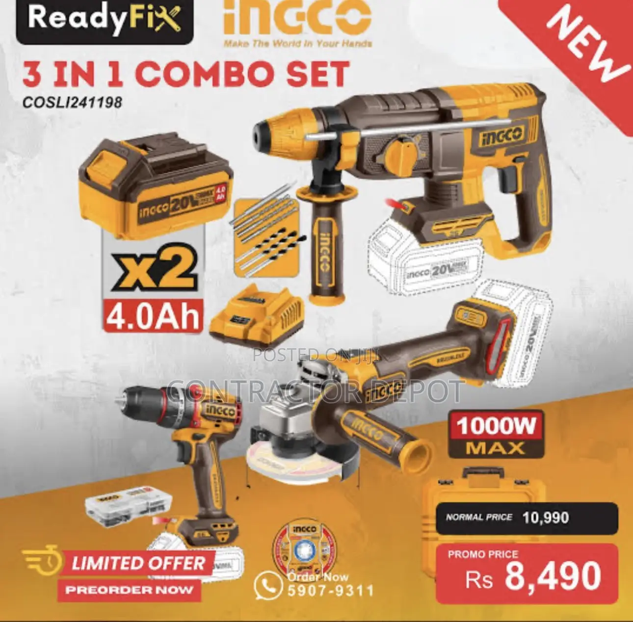 Ingco Lithium-Ion 3 Pieces Cordless Combo Kit Rotary Hammer