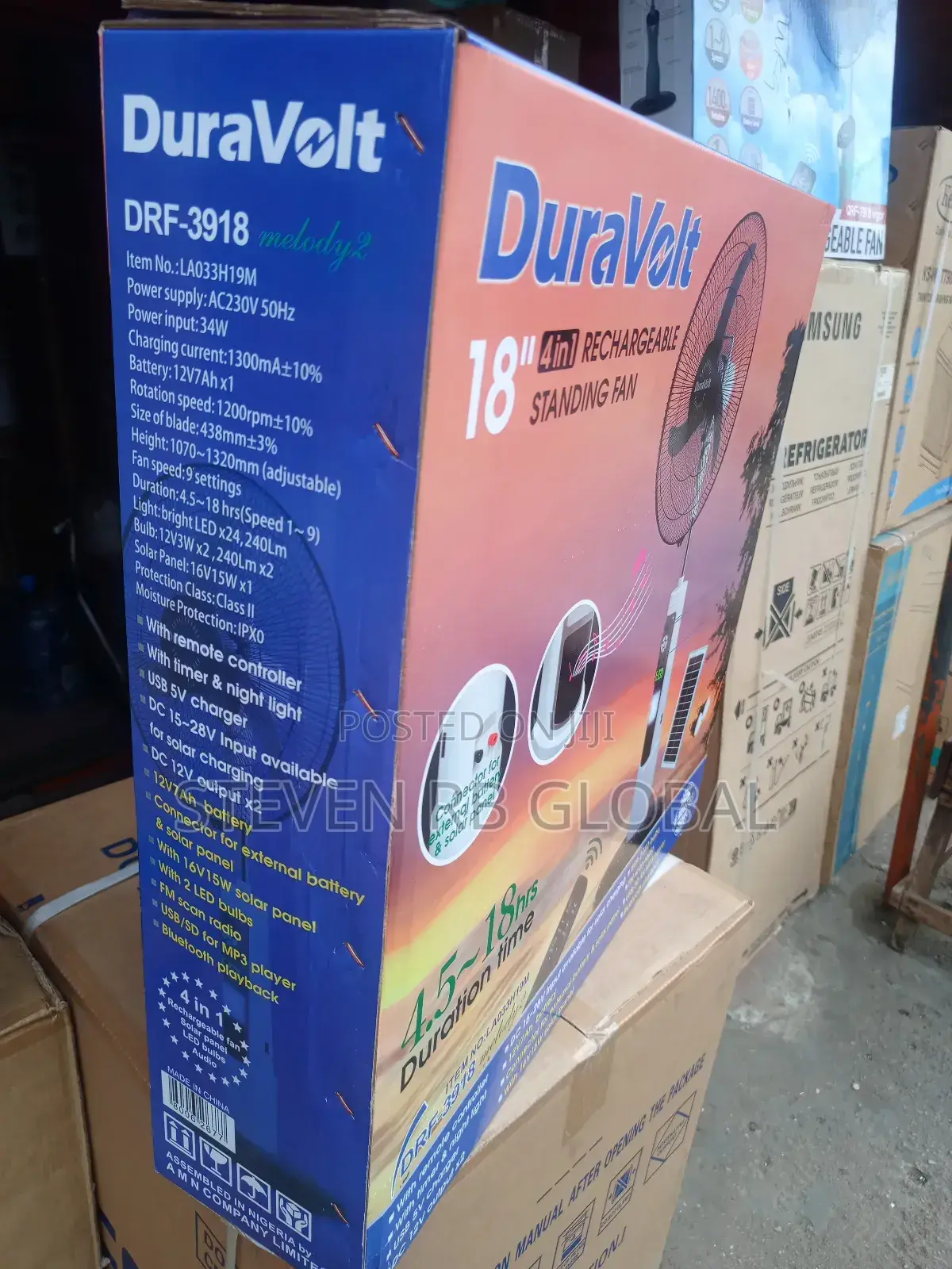 Duravolt 18′′ Rechargeable Solar Standing Fan | DRF-3918hr