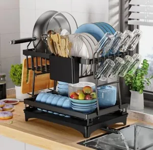 2 Tier Dish Drying Rack With Drainer Board - Black