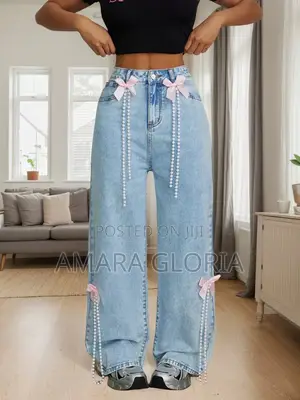 Fashion New Snowflake Washed Bow-Decorated Wide-Leg Jeans Jeans