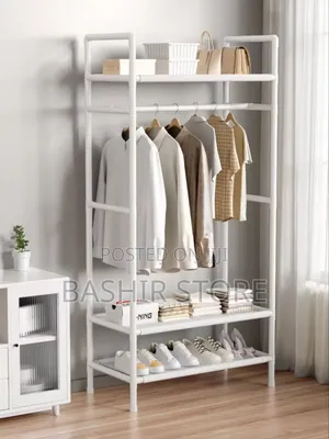 Metal Free-Standing Garment Rack With Four Storage Shelves Hanging Rod