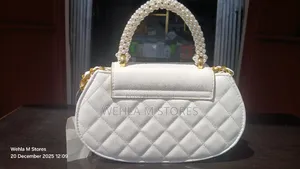 Beaded Handle Chain Shoulder White Bag