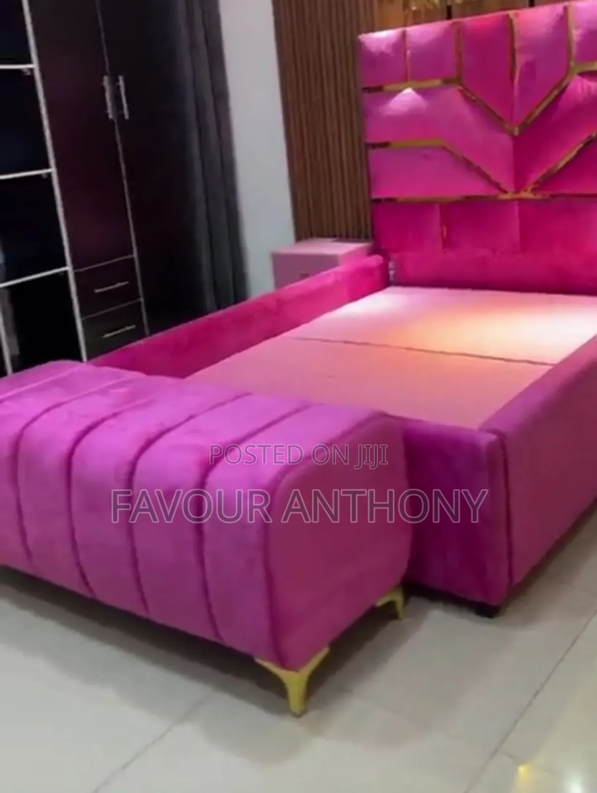 4.5 by 6 Padded Bedframe With Side Drawer With Ottoman