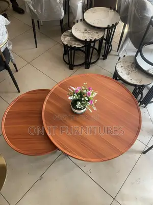 Modern Round Nesting Coffee Table Set – Brown Wood Black Metal