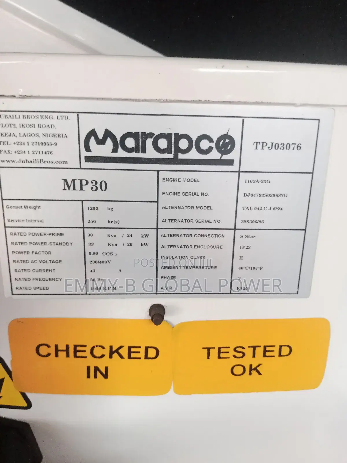 Marapco ( Perkins ) 30kva Used Generator