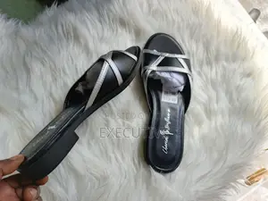 Ladies Flat Black Slippers With Silver Lines