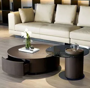 Luxury Modern Nesting Center Table 2-in-1 Round Wooden + Glass Top"