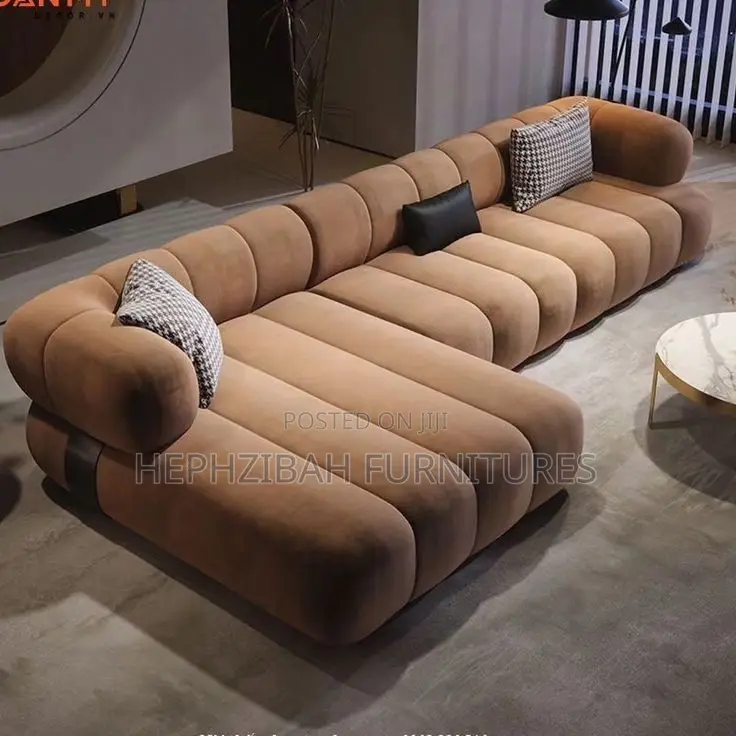 Modern Brown L Shaped Sofa With Throw Pillows