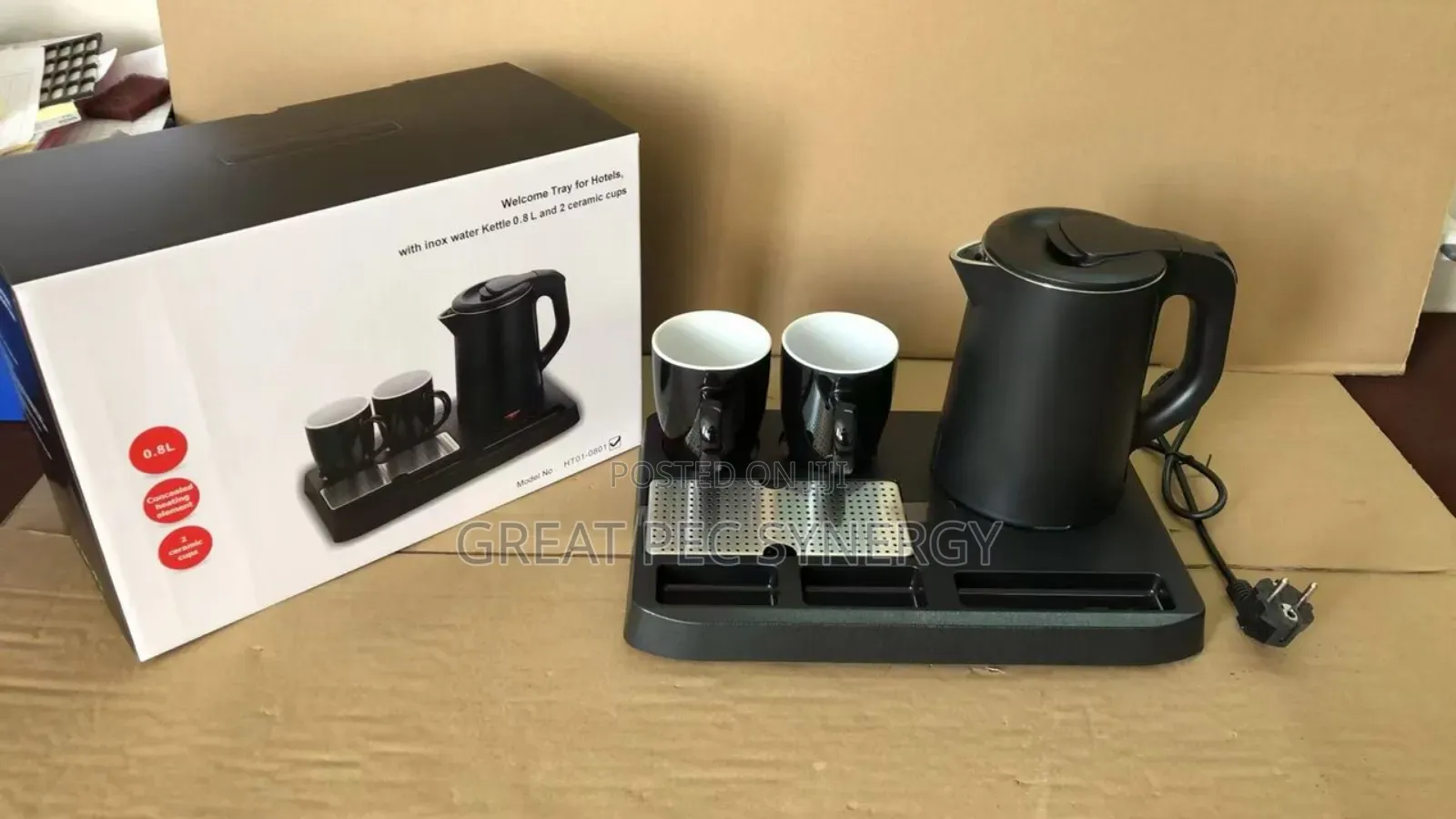 Kettle and Tray With Two Ceramic Cups