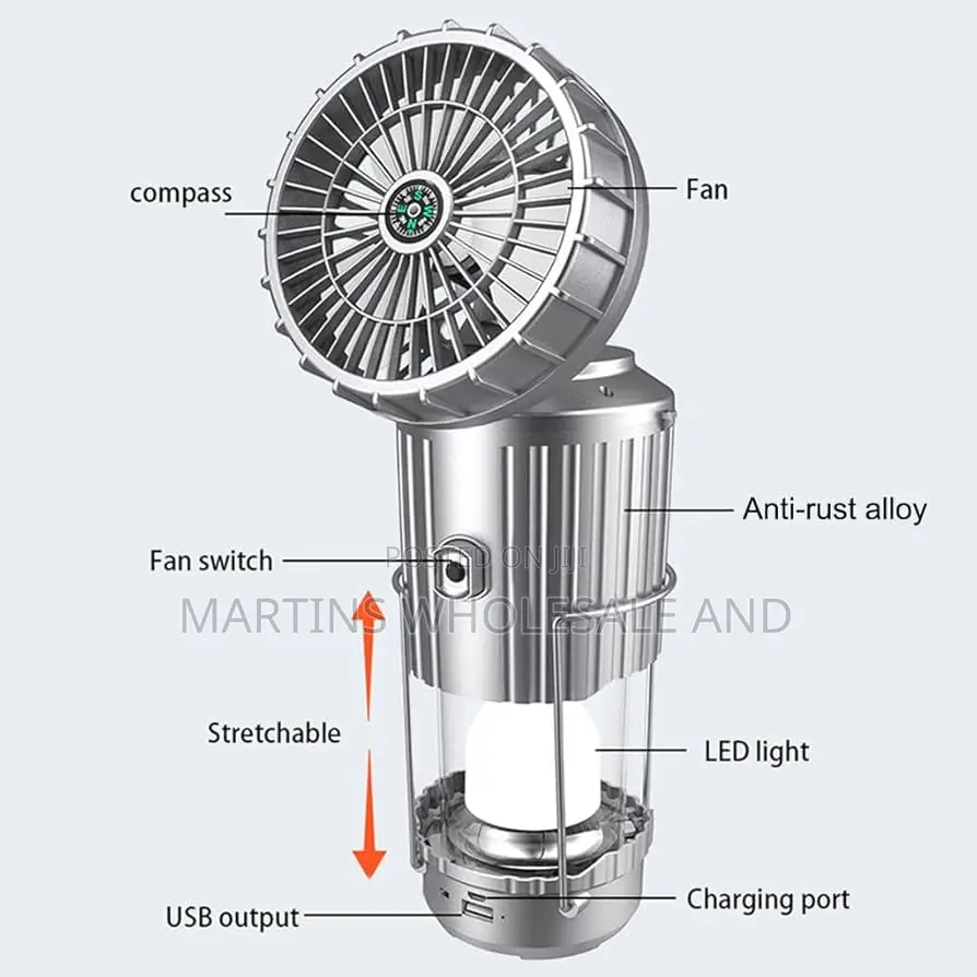 Portable, Multifunctional Solar-Powered Camping Lantern With Fan.
