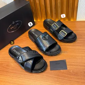 Original Prada Logo Plaque Brushed Cross Leather Slides Now Available