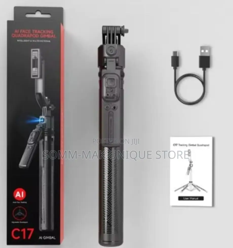 C17 Ai Face Tracking Selfie Stick Quadrapod With Rotating Handle