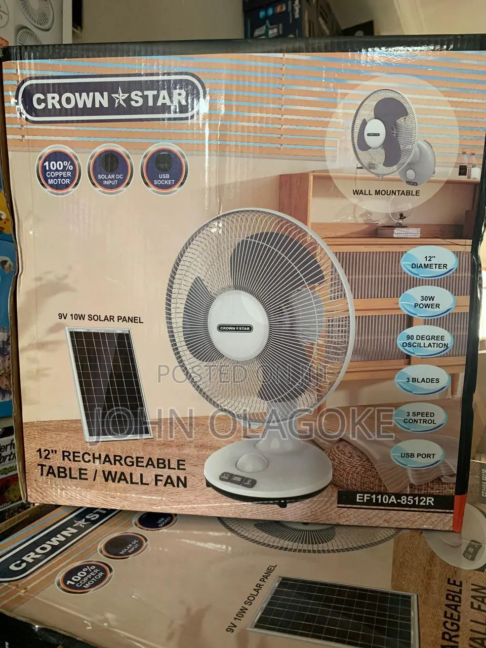 12" Inches Solar Rechargeable Table Wall Fan
